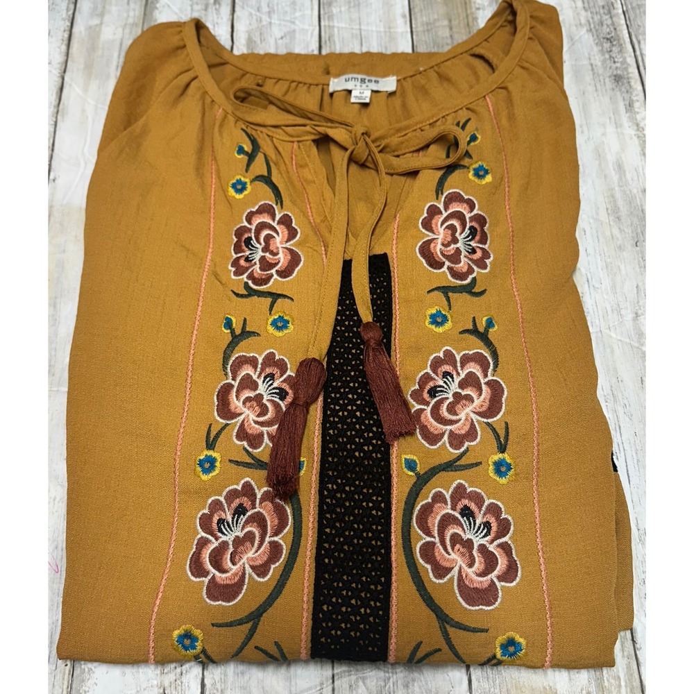 Umgee Mustard Yellow Floral Embroidered Boho women's Tunic shirt size medium